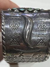 Southwest Sterling Fred Harvey Turquoise Cuff Bracelet Nice Stamp Work 48 Grams - Additional view 9
