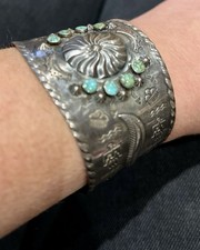 Southwest Sterling Fred Harvey Turquoise Cuff Bracelet Nice Stamp Work 48 Grams - Additional view 10