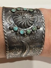 Southwest Sterling Fred Harvey Turquoise Cuff Bracelet Nice Stamp Work 48 Grams