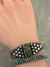 RARE FRED HARVEY ERA Navajo CERRILLOS Turquoise Sterling BUTTONS Bracelet 6.9 in - Additional view 5