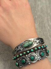 Vintage FRED HARVEY ERA Navajo Turquoise HORSE DOG Sterling Bracelet 6.75 in - Additional view 1