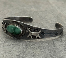 Vintage FRED HARVEY ERA Navajo Turquoise HORSE DOG Sterling Bracelet 6.75 in - Additional view 3