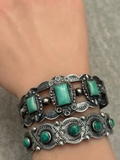 FRED HARVEY ERA Navajo TRIPLE Turquoise Thunderbird Sterling Bracelet 34+g 7 in - Additional view 1