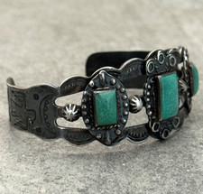 FRED HARVEY ERA Navajo TRIPLE Turquoise Thunderbird Sterling Bracelet 34+g 7 in - Additional view 2