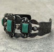 FRED HARVEY ERA Navajo TRIPLE Turquoise Thunderbird Sterling Bracelet 34+g 7 in - Additional view 3