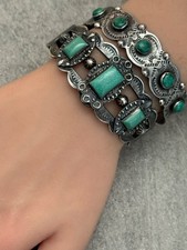 FRED HARVEY ERA Navajo TRIPLE Turquoise Thunderbird Sterling Bracelet 34+g 7 in - Additional view 5