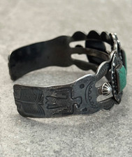 FRED HARVEY ERA Navajo TRIPLE Turquoise Thunderbird Sterling Bracelet 34+g 7 in - Additional view 6