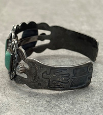 FRED HARVEY ERA Navajo TRIPLE Turquoise Thunderbird Sterling Bracelet 34+g 7 in - Additional view 7