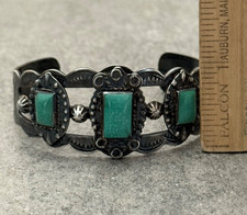 FRED HARVEY ERA Navajo TRIPLE Turquoise Thunderbird Sterling Bracelet 34+g 7 in - Additional view 9