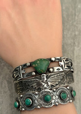 Vintage 40s FRED HARVEY era Navajo Thunderbird Turquoise Silver Bracelet 7.25 in - Additional view 1