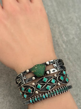 Vintage 40s FRED HARVEY era Navajo Thunderbird Turquoise Silver Bracelet 7.25 in - Additional view 2