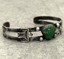 Vintage 40s FRED HARVEY era Navajo Thunderbird Turquoise Silver Bracelet 7.25 in - Additional view 3