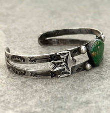 Vintage 40s FRED HARVEY era Navajo Thunderbird Turquoise Silver Bracelet 7.25 in - Additional view 5