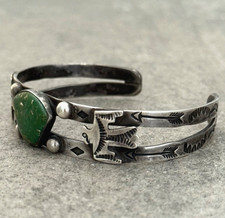 Vintage 40s FRED HARVEY era Navajo Thunderbird Turquoise Silver Bracelet 7.25 in - Additional view 6