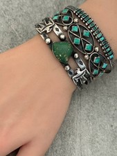 Vintage 40s FRED HARVEY era Navajo Thunderbird Turquoise Silver Bracelet 7.25 in - Additional view 7