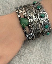 Vintage 40s FRED HARVEY era Navajo Thunderbird Turquoise Silver Bracelet 7.25 in - Additional view 8