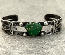 Vintage 40s FRED HARVEY era Navajo Thunderbird Turquoise Silver Bracelet 7.25 in