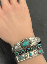 FRED HARVEY ERA Navajo Turquoise Sterling FLUTED BUTTONS Bracelet 6.75 in - Additional view 1