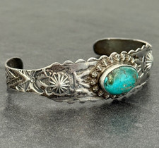 FRED HARVEY ERA Navajo Turquoise Sterling FLUTED BUTTONS Bracelet 6.75 in - Additional view 2