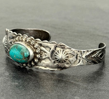 FRED HARVEY ERA Navajo Turquoise Sterling FLUTED BUTTONS Bracelet 6.75 in - Additional view 3