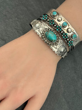 FRED HARVEY ERA Navajo Turquoise Sterling FLUTED BUTTONS Bracelet 6.75 in - Additional view 4