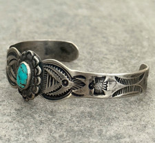 OLD FRED HARVEY ERA Navajo Turquoise THUNDERBIRD Sterling Bracelet 6.5 in - Additional view 3