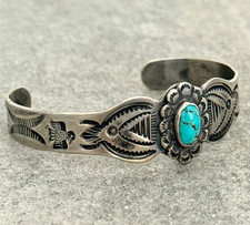 OLD FRED HARVEY ERA Navajo Turquoise THUNDERBIRD Sterling Bracelet 6.5 in