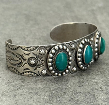 OLD FRED HARVEY ERA  Navajo Turquoise Reverse punch Sterling Bracelet 7.25 in - Additional view 2