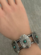 Vintage FRED HARVEY era Navajo Turquoise CONCHO silver Bracelet 50.5g 6.75 in - Additional view 1