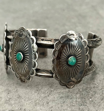 Vintage FRED HARVEY era Navajo Turquoise CONCHO silver Bracelet 50.5g 6.75 in - Additional view 3