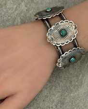 Vintage FRED HARVEY era Navajo Turquoise CONCHO silver Bracelet 50.5g 6.75 in - Additional view 4