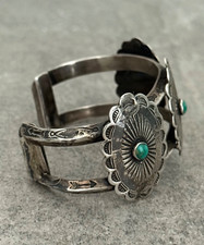 Vintage FRED HARVEY era Navajo Turquoise CONCHO silver Bracelet 50.5g 6.75 in - Additional view 6