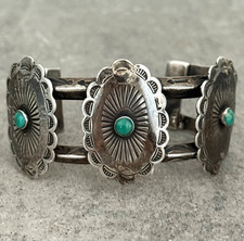 Vintage FRED HARVEY era Navajo Turquoise CONCHO silver Bracelet 50.5g 6.75 in