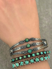 RARE FRED HARVEY ERA Navajo WHIRLING LOG Turquoise Sterling Bracelet 6.75 in - Additional view 1
