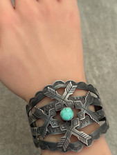FRED HARVEY ERA Navajo CROSSED ARROWS Turquoise WIDE Sterling Bracelet 7.25 in - Additional view 1