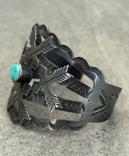 FRED HARVEY ERA Navajo CROSSED ARROWS Turquoise WIDE Sterling Bracelet 7.25 in - Additional view 6