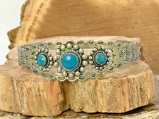 Vintage Navajo Fred Harvey Era, Nickel Silver Turquoise Stamped Cuff--2746.25 - Additional view 1