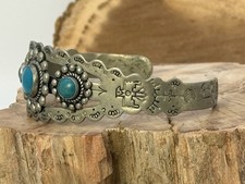 Vintage Navajo Fred Harvey Era, Nickel Silver Turquoise Stamped Cuff--2746.25 - Additional view 2