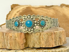 Vintage Navajo Fred Harvey Era, Nickel Silver Turquoise Stamped Cuff--2746.25