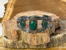 Vintage Navajo Fred Harvey Era, Sterling Green Turquoise Stamped Cuff--2793.25 - Additional view 1