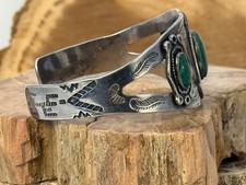 Vintage Navajo Fred Harvey Era, Sterling Green Turquoise Stamped Cuff--2793.25 - Additional view 2