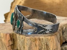 Vintage Navajo Fred Harvey Era, Sterling Green Turquoise Stamped Cuff--2793.25 - Additional view 3