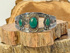 Vintage Navajo Fred Harvey Era, Sterling Green Turquoise Stamped Cuff--2793.25
