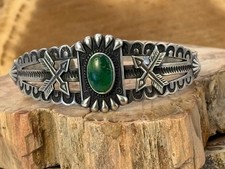 Vintage Navajo Fred Harvey Era Sterling Green Turquoise Stamped Cuff--2795.25 - Additional view 1