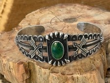 Vintage Navajo Fred Harvey Era Sterling Green Turquoise Stamped Cuff--2795.25 - Additional view 2