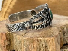 Vintage Navajo Fred Harvey Era Sterling Green Turquoise Stamped Cuff--2795.25 - Additional view 3
