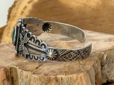 Vintage Navajo Fred Harvey Era Sterling Green Turquoise Stamped Cuff--2795.25 - Additional view 4