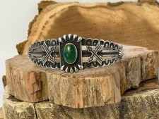 Vintage Navajo Fred Harvey Era Sterling Green Turquoise Stamped Cuff--2795.25