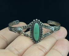 Fred Harvey Era Sterling Silver VTG Hand Stamped Navajo Turquoise Cuff Bracelet