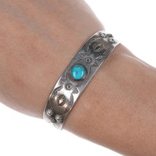 6.12" 30's-40's Hand Stamped Navajo Fred Harvey Sterling turquoise Cuff bracelet